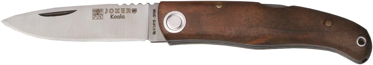 Joker Koala NN149 Sports Folding Knife. Knife with 2.75-inch Mova 1.4116 Steel Blade. Walnut Wood Handle measuring 3.74 inches