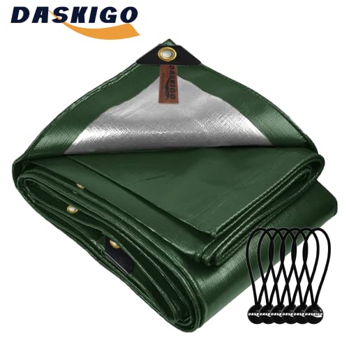 10 x 10Ft Extra Heavy Duty 12 Mil Thick Waterproof Green&Silver Tarp Cover Sheet & 6 Pcs Bungee Balls by DASKIGO - Image 2