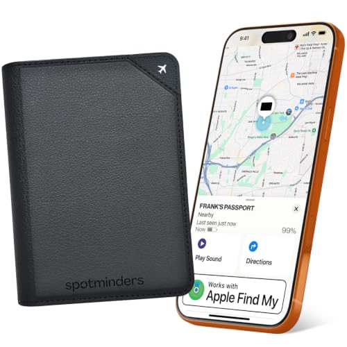 Spotminders. Apple MFi Certified Trackable Passport Holder for Travel (iOS Only) Works with Apple Find My, Rechargeable Passport Cover 3 Years Battery Life, Black RFID Blocking Travel Wallet Gift