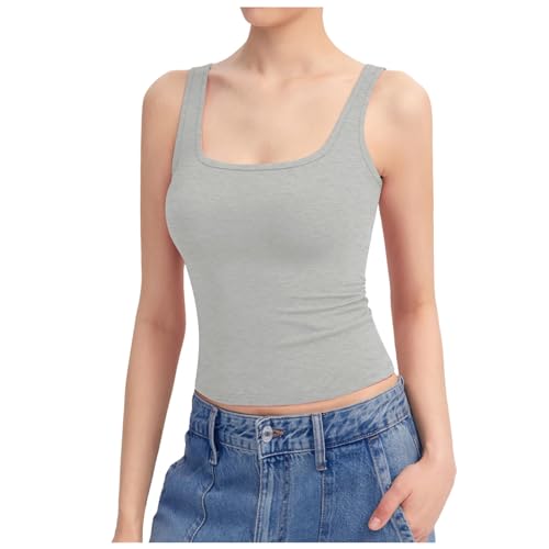 Generisch 2025 - Camiseta sin mangas para mujer, cuello cuadrado, con doble forro, top básico, colección Top Encaje, gris, M