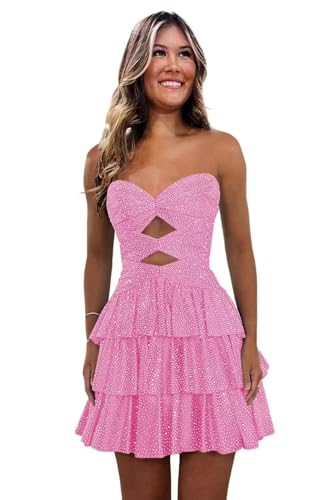 Sparkly Sequin Homecoming Dresses for Teens 2025 Strapless Backless Tiered Cocktail Party Gown