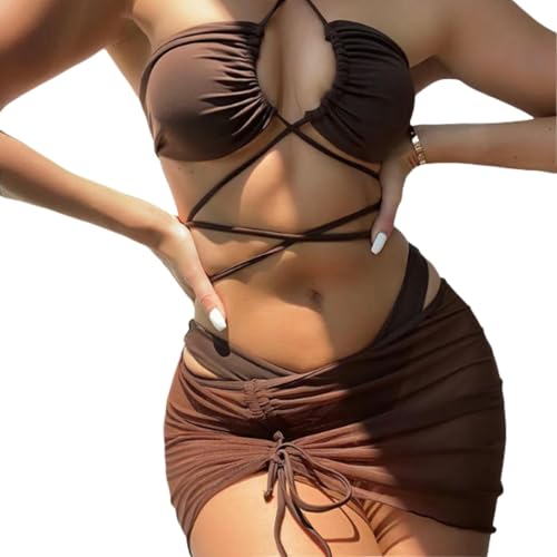 DuomaiJJ Traje De BañO Multicolor Tres Piezas para Mujeres Moda Mujeres-Color Café-Metro