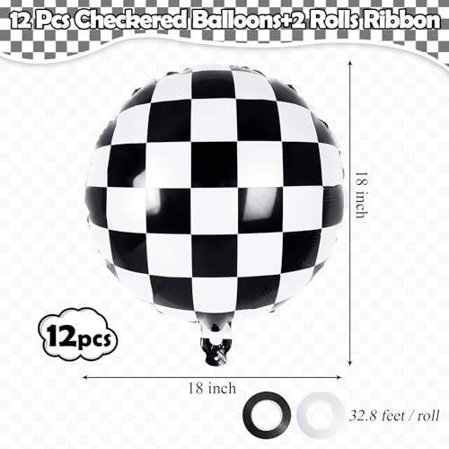 Image of 12 Pcs Checkered Balloons, 18 Inch Checkered Racing Foil Balloons, Black and White Checkerboard Mylar Balloons for Race Car Birthday Party Supplies Decorations (Pack of 2)