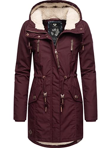 Ragwear Damen Mantel Lange warme Winterjacke mit Teddyfell-Kapuze Elsie Intl Wine Red22 Gr. M