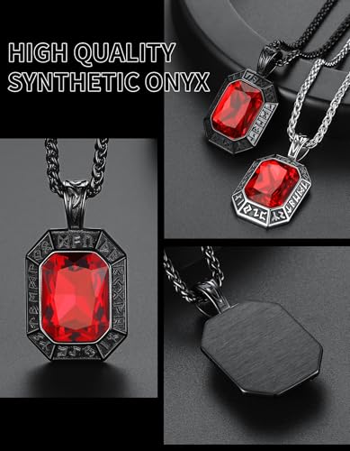 Image of ChainsHouse Viking Rune Pendant Necklace for Men Women, Punk Biker Black Metal /316L Stainless Steel Onyx Norse Vintage Amulet Necklaces with Black /Red /Green /Blue Gemstone, Send Gift Box