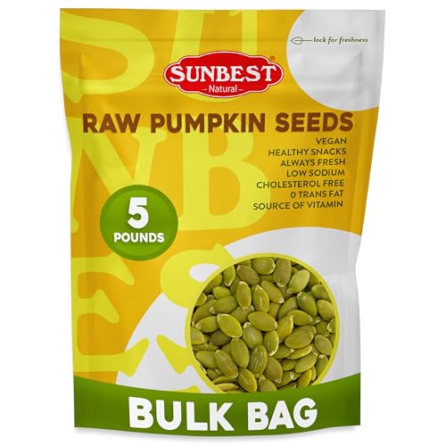 Sunbest Natural Raw Pumpkin Seeds, 5 lbs – Unsalted & Shelled – Bulk Bag, Whole Pepitas, Pumpkin Seeds to Eat – For Snacking, Baking & Topping – Rich in Essential Fatty Acids, Iron & Protein (80 oz)