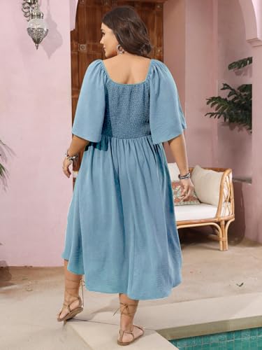 Image of SCOMCHIC Plus Size Summer Dress Casual Short Sleeve Bow Tie Deep V Neck Smocked Button Down Midi Flowy A-line Boho Dresses