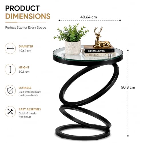 Image of Modern Black Side Table with Glass Top, Round End Table for Living Room & Bedroom