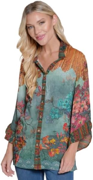 John Mark Womens Mix Print Button Front Top with Three Quarters Ruffle Detail Sleeves