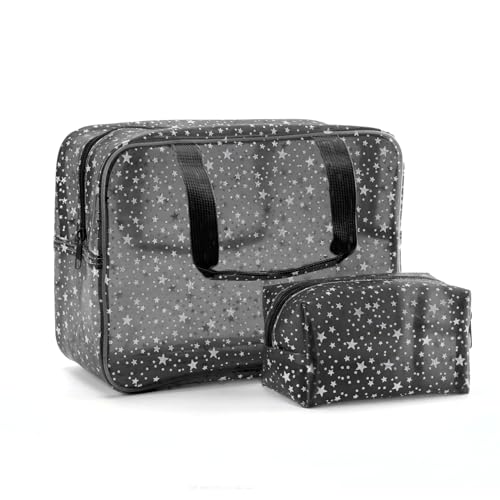 Yaopeing PVCクリアメイクアップバッグオーガナイザー2個 女性用 スター透明コスメケース 旅行トイレタリーポーチ ファスナー付き 大型メイクアップバッグ デイリーアクセサリー用, ブラック