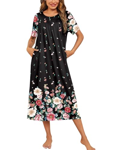 Ekouaer Women's House Dress with Pockets Long Nightgowns for Women House Dress Pleated Front Moo Moos for Women S-XXXL