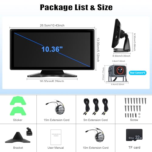Image of Vehicle Backup Camera for Trucks Pickups Bus Trailers Caravans 10.36-inch IPS HD Screen DVR Recording Reverse Monitor 5 Split Screen Waterproof Night Vision Stable Signal DIY Parking Lines