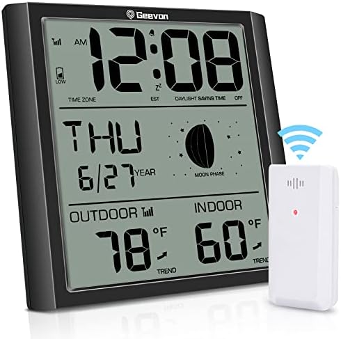 Geevon Digital Atomic Wall Clock,Auto-Set Atomic Clock with Indoor Outdoor Temperature,Calendar,Moon Phase for Home Office Elderly(1 Wireless Outdoor Sensor)