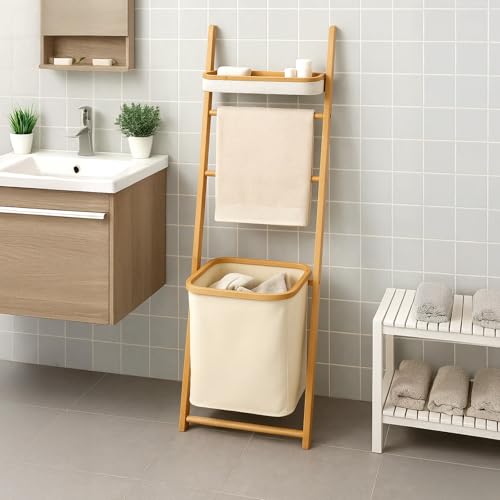 Bamboo Blanket Ladder with Laundry Basket, Free-Standing Towel Rack, Wooden Storage Shelf & Decorative Towel Ladder for Bathroom, Bedroom or Living Room - Image 4