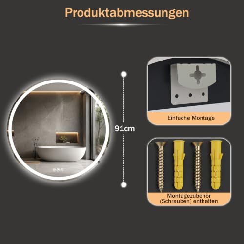 XRAMFY Badspiegel mit Beleuchtung 90cm*90cm, Antibeschlag, Rund Badezimmerspiegel mit Beleuchtung LED, 3 Lichtfarben, Dimmbar – Ansicht 2