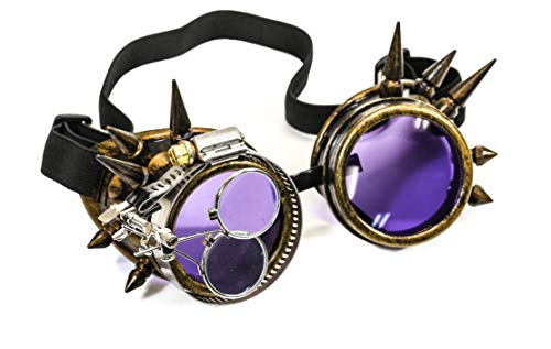 Brass Steampunk Victorian Style Spike Goggles Colored Lenses & Ocular Loupe Mad Scientist (Purple)