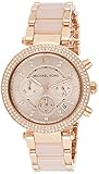 michael kors uhr rosegold weiß Zifferblatt in hellem rosé mit klaren Glassteinen als Index, arabischen Ziffern auf 12 und innerer Lünette in hellem rosé - Chronograph mit Datums- und 24-Stunden-Anzeige - Roségoldene Zeiger - Mineralglas