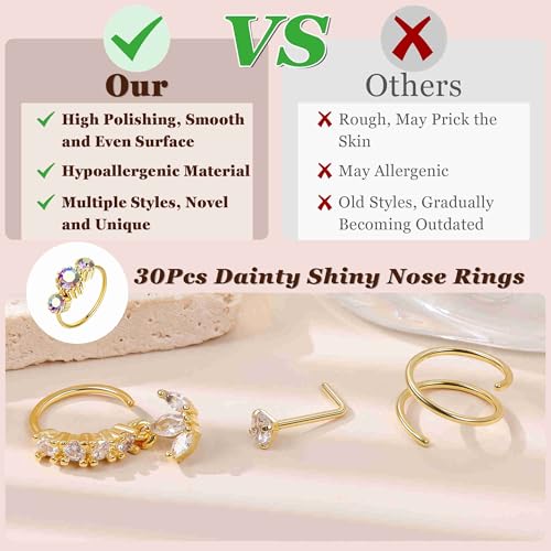 30PCS 20G Gold Dangle Nose Rings for Women L Shaped Nose Studs Dangling Nose Hoop Ring 316L Stainless Steel CZ Hypoallergenic Indian Nose Ring Eye Heart Nostril Piercing Jewelry4