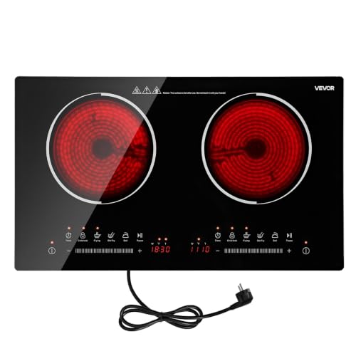Image of VEVOR Electric Cooktop 24inch 2 Burners Portable Stove Top 1800W 120V, Ceramic Countertop /Built-in Radiant Electric Stove, with 9 Power Levels, Timer, Child Lock, Over-Heat Guard, Touch Control