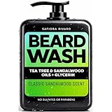 Safiora Rivaro Beard Wash for Men with Tea Tree & Sandalwood – Hydrating Beard Shampoo Softener for Coarse Hair, Grooming Cleanser for Daily Care Routine – Moisturizing Wash for Black Men (16 Fl Oz)