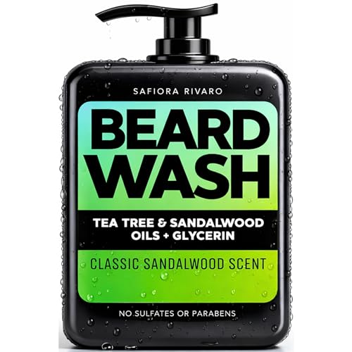 Safiora Rivaro Beard Wash for Men with Tea Tree & Sandalwood – Hydrating Beard Shampoo Softener for Coarse Hair, Grooming Cleanser for Daily Care Routine – Moisturizing Wash for Black Men (16 Fl Oz)