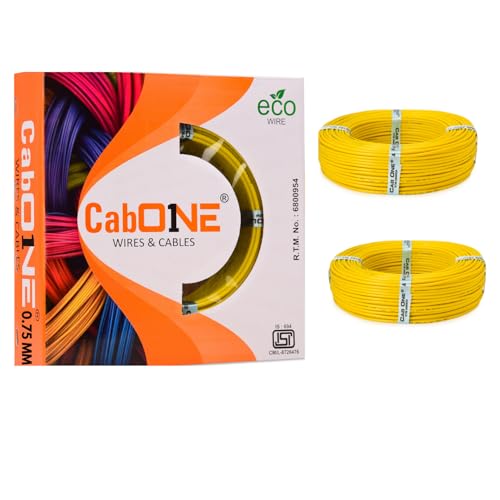 Image of CabONE 0.75 SQ.MM FR PVC Insulated Copper Electrical Wire, 90 Meter (Yellow, Pack of 2) | ISI Marked Fire Retardant Single Core Cable for Home Wiring
