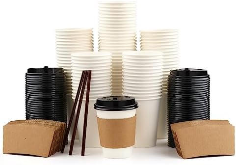 Amazon.com: 100 Pack 12 oz Disposable Coffee Cups with Lids, Sleeves ...