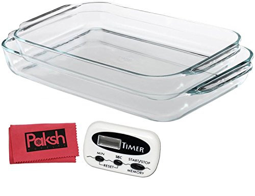 2PC Basics 2 & 3 Quart Value Plus Pack Glass Oblong Baking Dishes - Lasagna Pan Oven & Microwave Safe - Bundled with Timer & Cloth