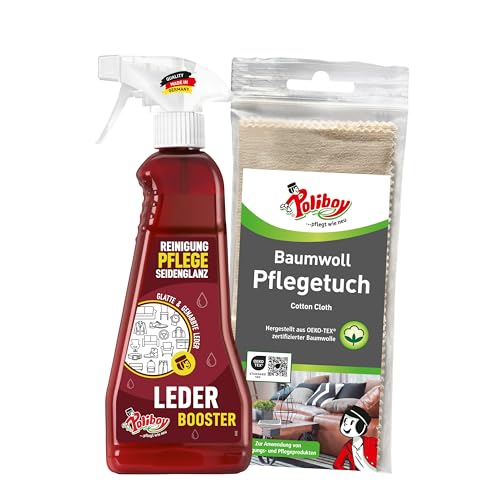 POLIBOY - Limpiador de piel para ropa y muebles, limpiador de piel con efecto de cuidado, 1 x 375 ml, con paño de algodón, fabricado en Alemania