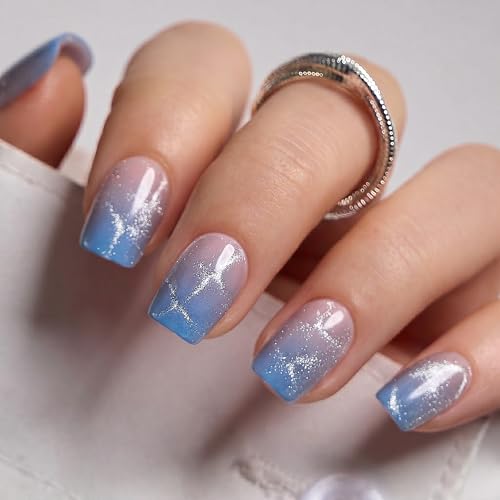 Image of CurvLife Soft Gel Square Press-On Nails Short, Blue Cat Eye Reusable Fake Nails with Glue & Adhesive Tabs, 30PCS Salon-Quality Stick-On Nails for At-Home Manicure (Aurora Drift)