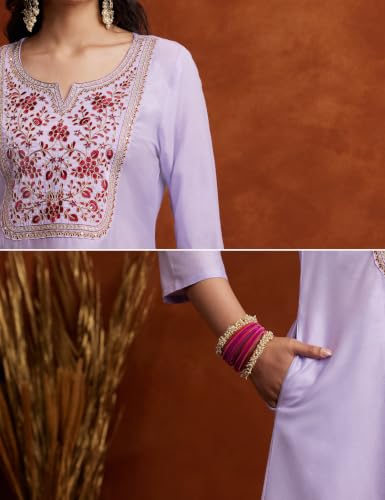 Image of Amazon Brand - Myx Women's Kurta Pant Set with Embroidered Organza Dupatta | A-line fit (Available in Plus Sizes)