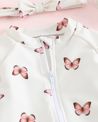 UV Badebekleidung Baby Badeanzug Mädchen Gr 62-98, Langarm UV Kleidung Baby UV Shirt Mit Hut & Stirnband, Kleinkinder UV Anzug Schwimmanzug Schutz, Beiger Schmetterling 6-12 Monate/74