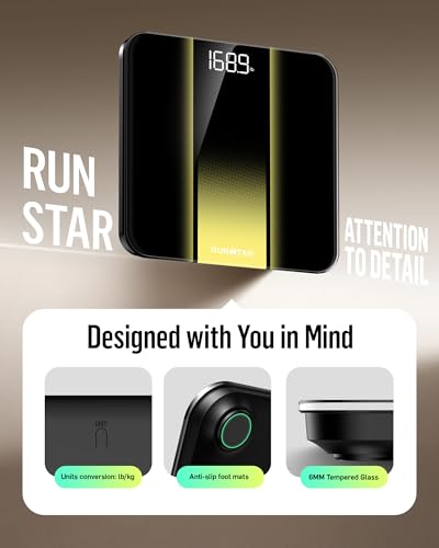 RunStar Personenwaage digital mit hoher Präzision, waage personen mit gut lesbarem LED-Display, körperwaage mit 6 mm gehärtetem Glas, 180 kg/400 lb