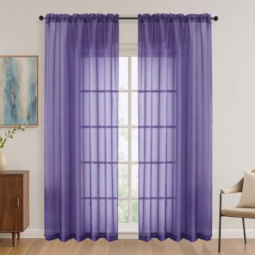 Image of Purple Sheer Curtains 84 Inches Long 2 Panels Set, Light Filtering Sheer Curtains for Living Room Bedroom 59 Inch Extra Wide, Modern Voile Filmy Rod Pocket Window Drapes, 59Wx84L Inches
