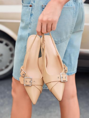 Image of Coutgo Womens Slingback Kitten Heels Closed Pointed Toe Pumps Studded Buckle Strap Party Dress Shoes