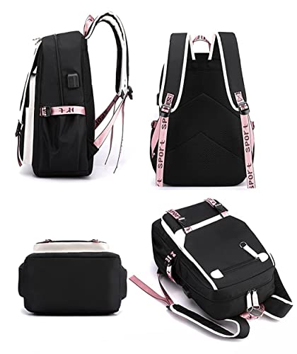 Printed Fashion Backpack with USB Port, 11.42 x 6.91 x 18.11 inches, Black and Pink4