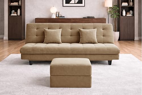 Image of Rosebell Modern Three-Seater Sofa Cum Bed - Foldable Velevt Fabric Sofa, Foam Seating, Stylish Design for Living Room, Guest Room & Office-Golden