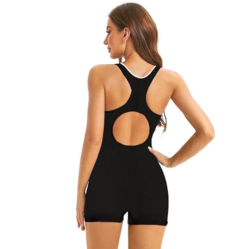 JiaYouLC Womens Swimming Costumes with Shorts Backless Sport One Piece Swimsuits Conservatism Swimming Suits with Removable Foam Cups- (UK, Numeric, 12, 14, Regular, Regular, Black-C) - Image 5