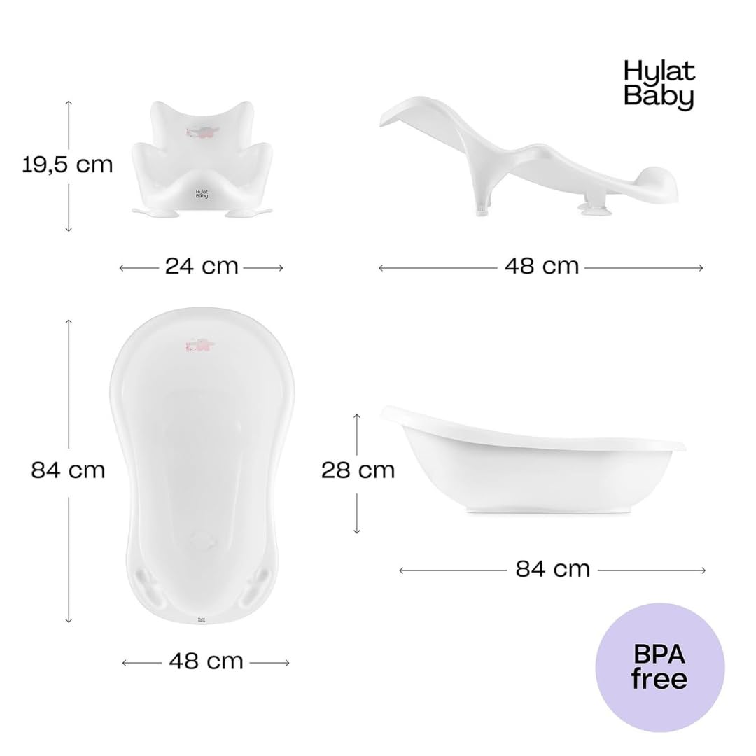 Hylat Baby Vaschetta Bagnetto Neonato e Riduttore con Tappo - Friends Bianca - Certificato TÜV Rheinland - Stabile e Confortevole, Ideale per Bambini fino a 12 Mesi - Collezione Lite - Sdraietta