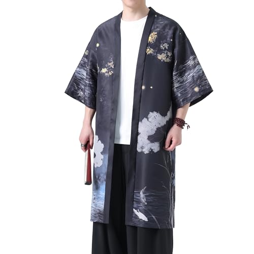 PRIJOUHE Men's Kimono Robe Lightweight Japanese Bathrobe Open Front Casual Long Cardigan Yukata Jacket4
