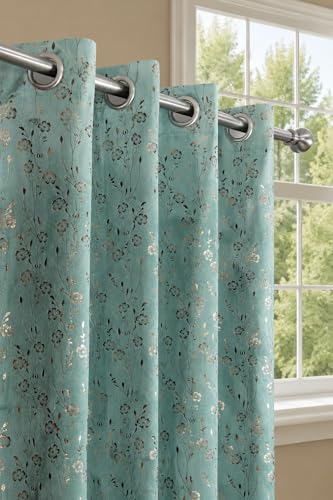 Image of Velvet Golden Foil Flower Pattern Curtains 7 Feet Long Pack of 1, Aqua