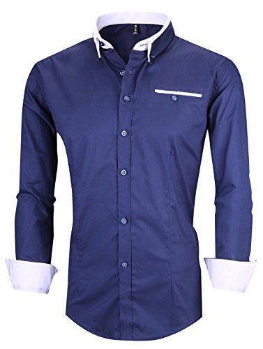 XTAPAN Men's Long Sleeve Casual Slim Fit Inner Contrast Button Down Dress Shirt US S=Asian 2XL Dark Blue 1306