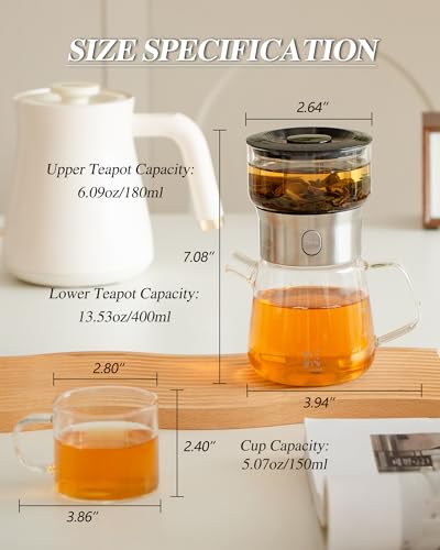 Image of ZENS Modern Glass Tea Infuser Teapot Set, Smart One Touch Tea Maker for Loose Tea Diffusers with 2 Gongfu Cups, Cool Enchanted Tea Pot Alternatives for Black Tea Lovers Gifts-400ml