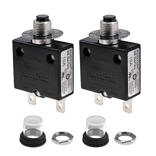 Rkurck 10 Amps Thermal Circuit Breaker, Thermal Overload Protector Push Button Manual Reset Circuit Breaker 32V Dc 125/250V Ac 10A 2 Pcs #TOP17