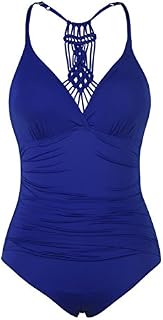 Hilor Women's Shirred Halter One Piece Swimsuits Macrame Back Swimwear Solid Bathing Suit