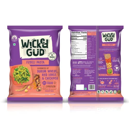 Image of WickedGud 2X Fiber Fusilli & Macaroni Pasta Combo | No Maida | Durum Wheat Semolina | Brown Rice | Red Lentils | Healthy Diet Pasta - 400gm x 2