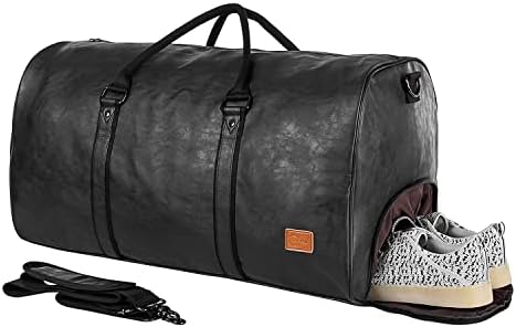 Leather Travel Bag with Shoe Pouch, Gym Sport Bag Waterproof Weekender Overnight Bag, Large Carry On Duffel Bag for Men Women Black