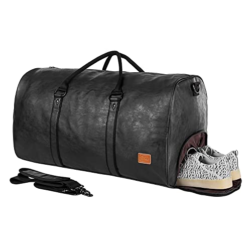 Leather Travel Bag With Shoe Pouch, Gym Sport Bag Waterproof Weekender Overnight Bag, Large Carry On Duffel Bag For Men Women Black #TOP4