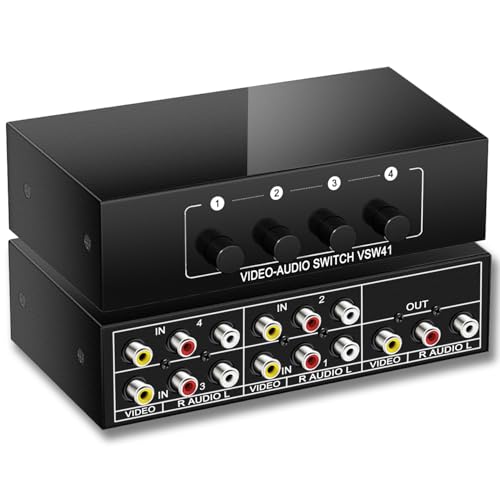 FlyroadUp RCA AV Switch 4 in 1 Out Composite Video Switcher L/R Audio Selector Box