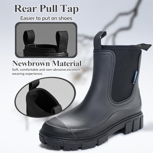 SmoothPace Gummistiefel Damen Gefüttert Wasserdicht Gummistiefeletten Halbhohe Chelsea Boots Rutschsicher Abriebfest Atmungsaktiv Regenschuhe Komfort Garten Stiefeletten Black 38EU